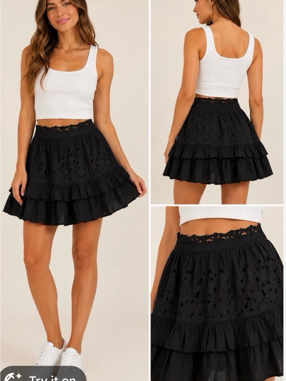 Free People Black Eyelet Embroidered Tiered Ruffle Mini Skirt Boho Tulip Hem L